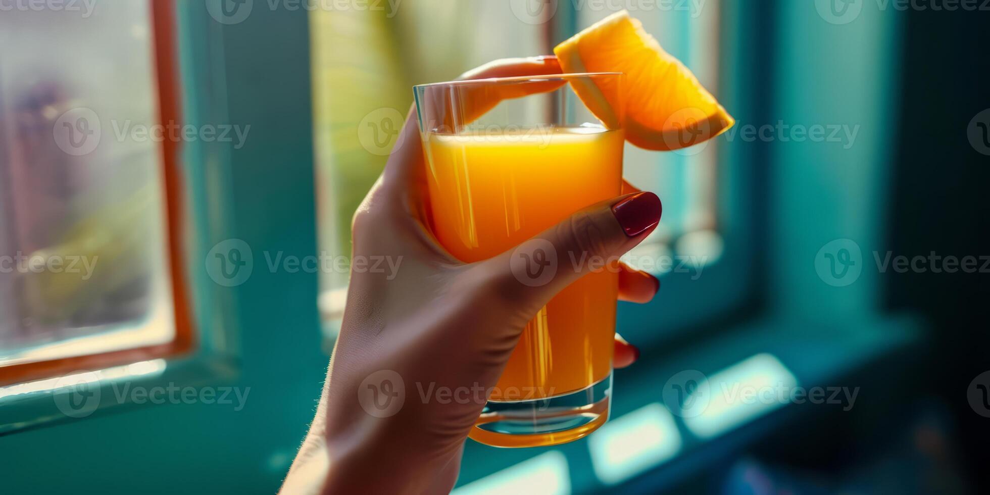 ai genererad en kvinna hand innehav en glas av orange juice först person se. nyligen orange juice rik i vitamin c för friska liv foto