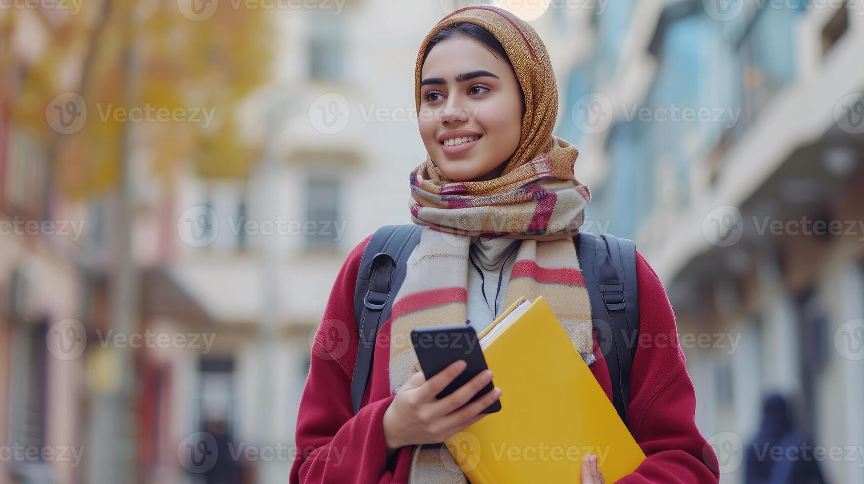 ai genererad glad arab kvinna studerande med smartphone och arbetsböcker stående utomhus, Lycklig ung mitten östra kvinna gående i stad efter högskola klasser, foto