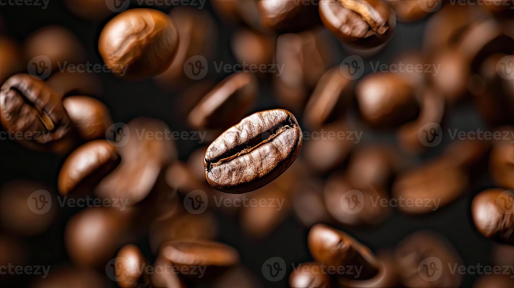 ai genererad kaffe bönor i flyg på en mörk bakgrund foto