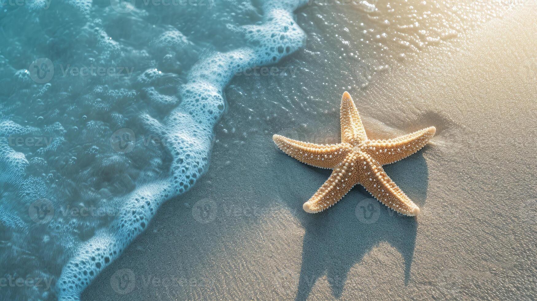 ai genererad sjöstjärna på de sand strand i klar hav vatten. sommar bakgrund. sommar tid .kopiera Plats. avkopplande på de strand. foto