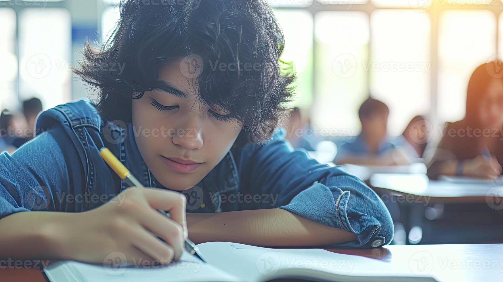 ai genererad skola examen, studerande tar pedagogisk antagning testa i klass, tänkande hård, skrivning svar i universitet klassrum, utbildning och värld kunnighet dag begrepp foto