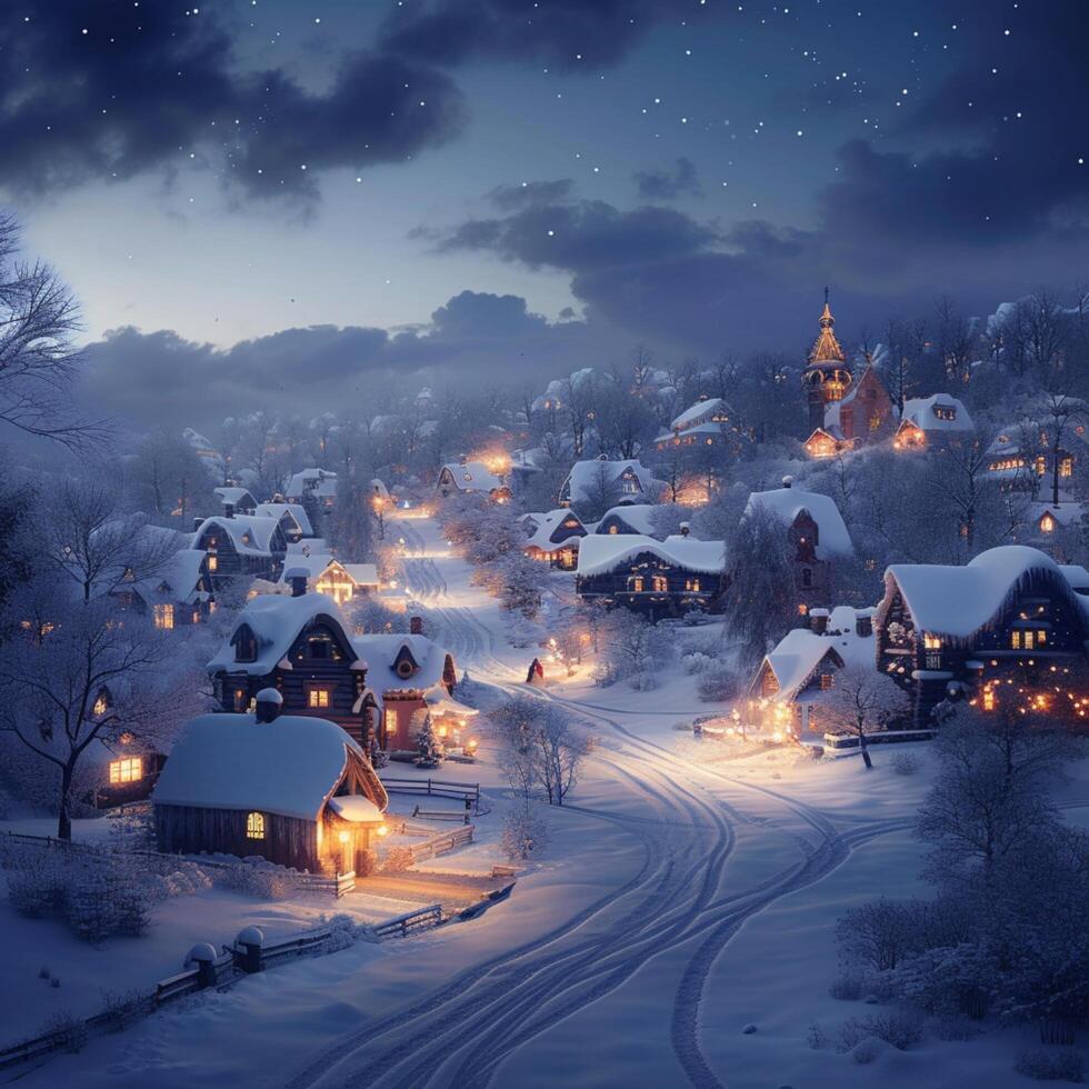 ai genererad nattetid i en snöig by ger magisk belysning till miljö för social media posta storlek foto