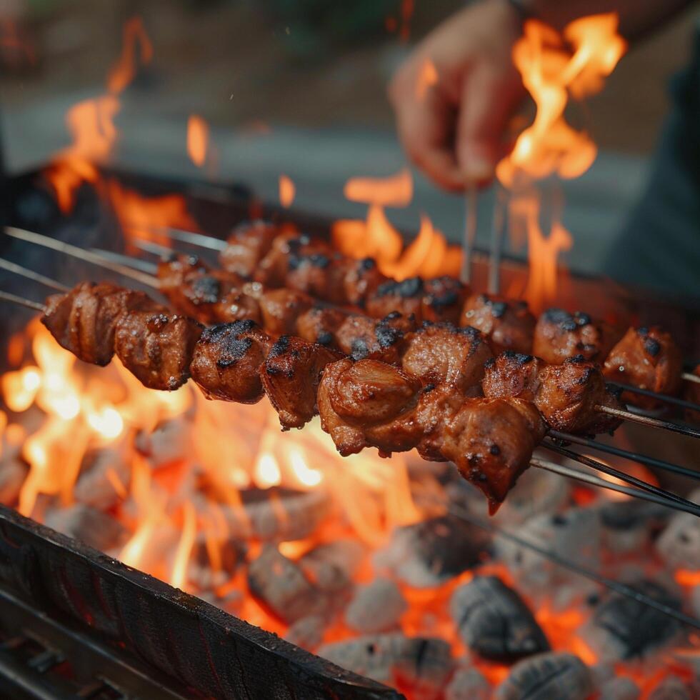 ai genererad man grillar shish kebab över lågor, fräsande med läckerhet för social media posta storlek foto