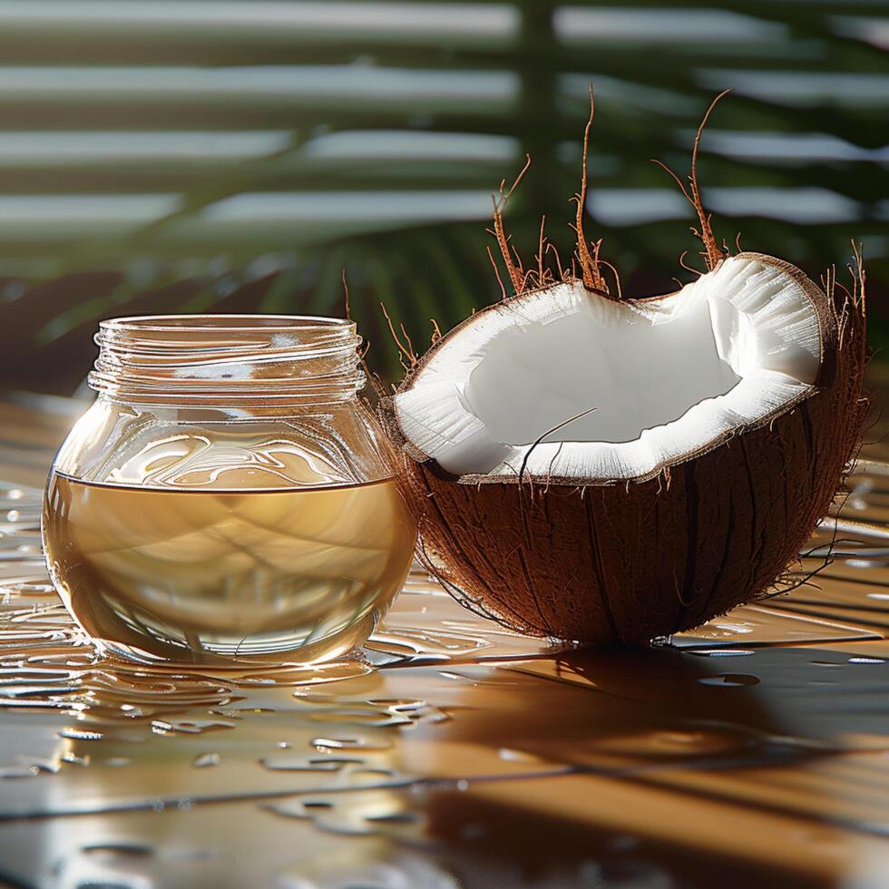 ai genererad naturlig godhet av jungfrulig kokos olja visat upp i organisk miljö för social media posta storlek foto