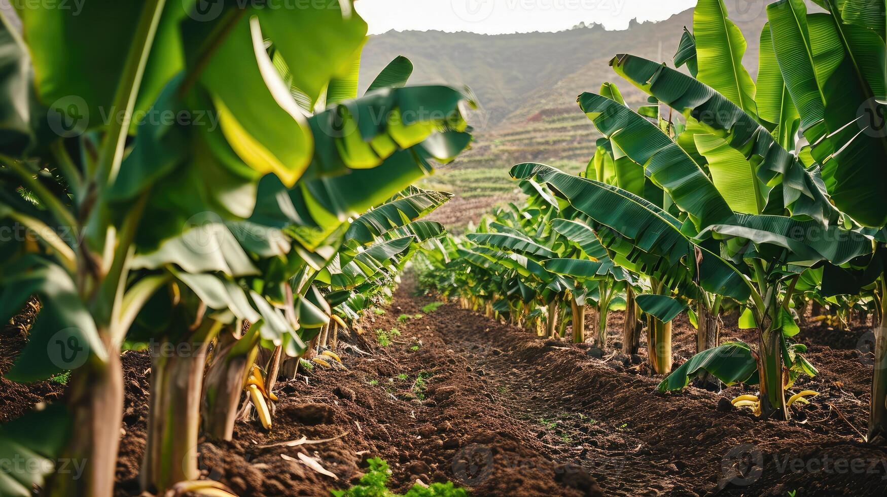 ai genererad frodig bruka fält med blomstrande bananer och lövverk, miljövänlig lantbruk. belägen i teneriffa, kanariefågel öar, öppen för turister foto