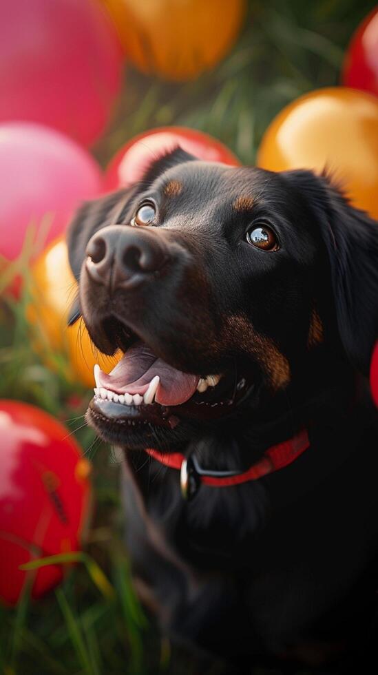 ai genererad festlig hårig vän hund åtnjuter fester bland färgrik dekorationer vertikal mobil tapet foto