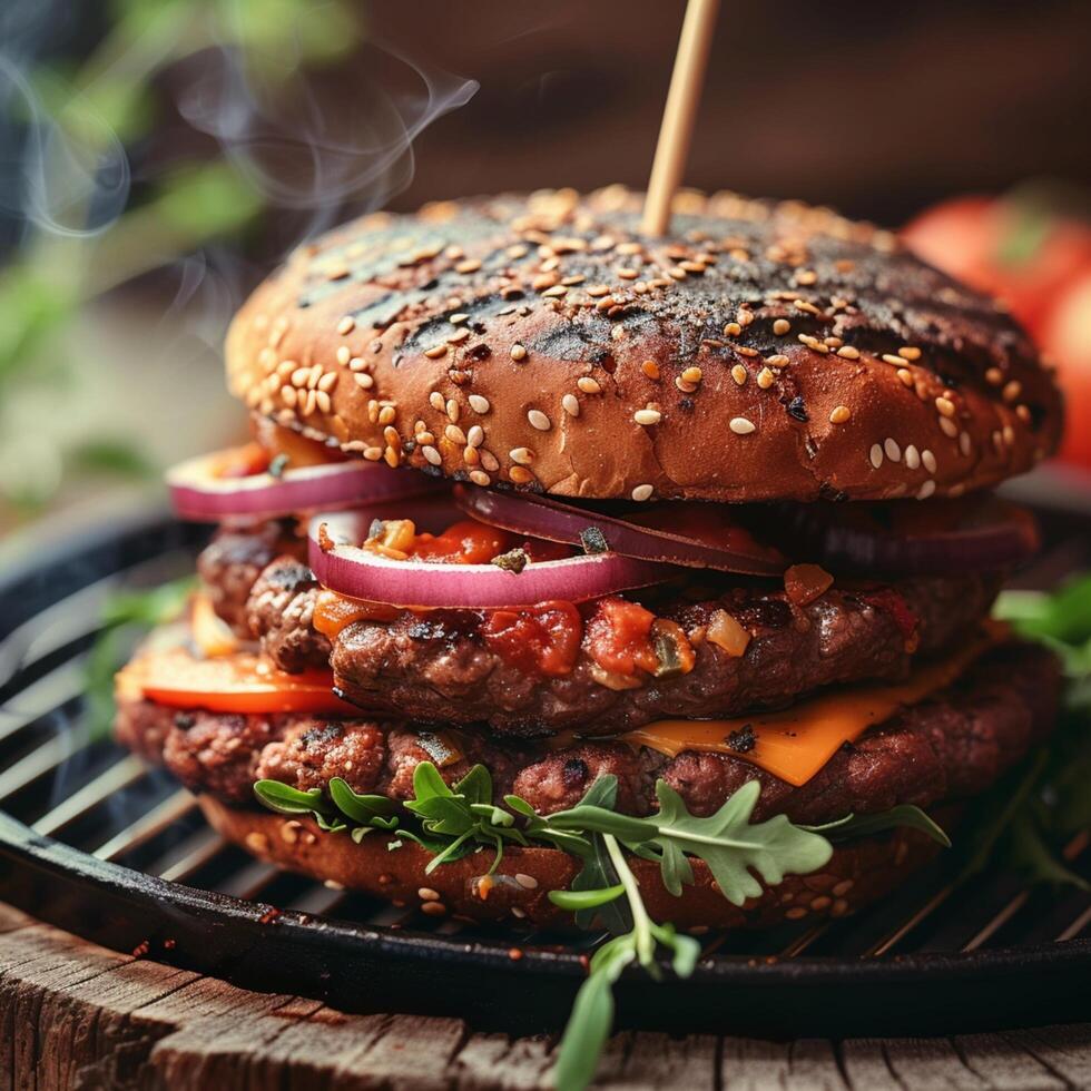 ai genererad utsökt veggie burger staplade hög med välsmakande växt baserad pålägg för social media posta storlek foto