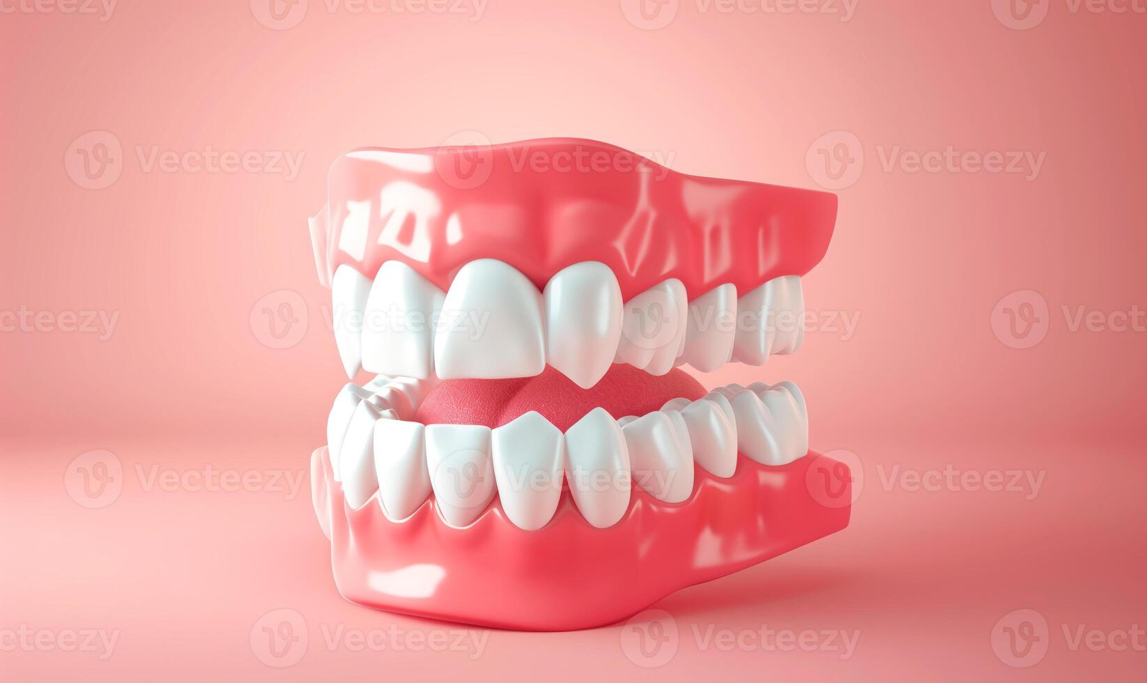 ai genererad 3d begrepp av friska mänsklig tänder med vanligt ocklusion. dental 3d framställa med tömma Plats för text. foto