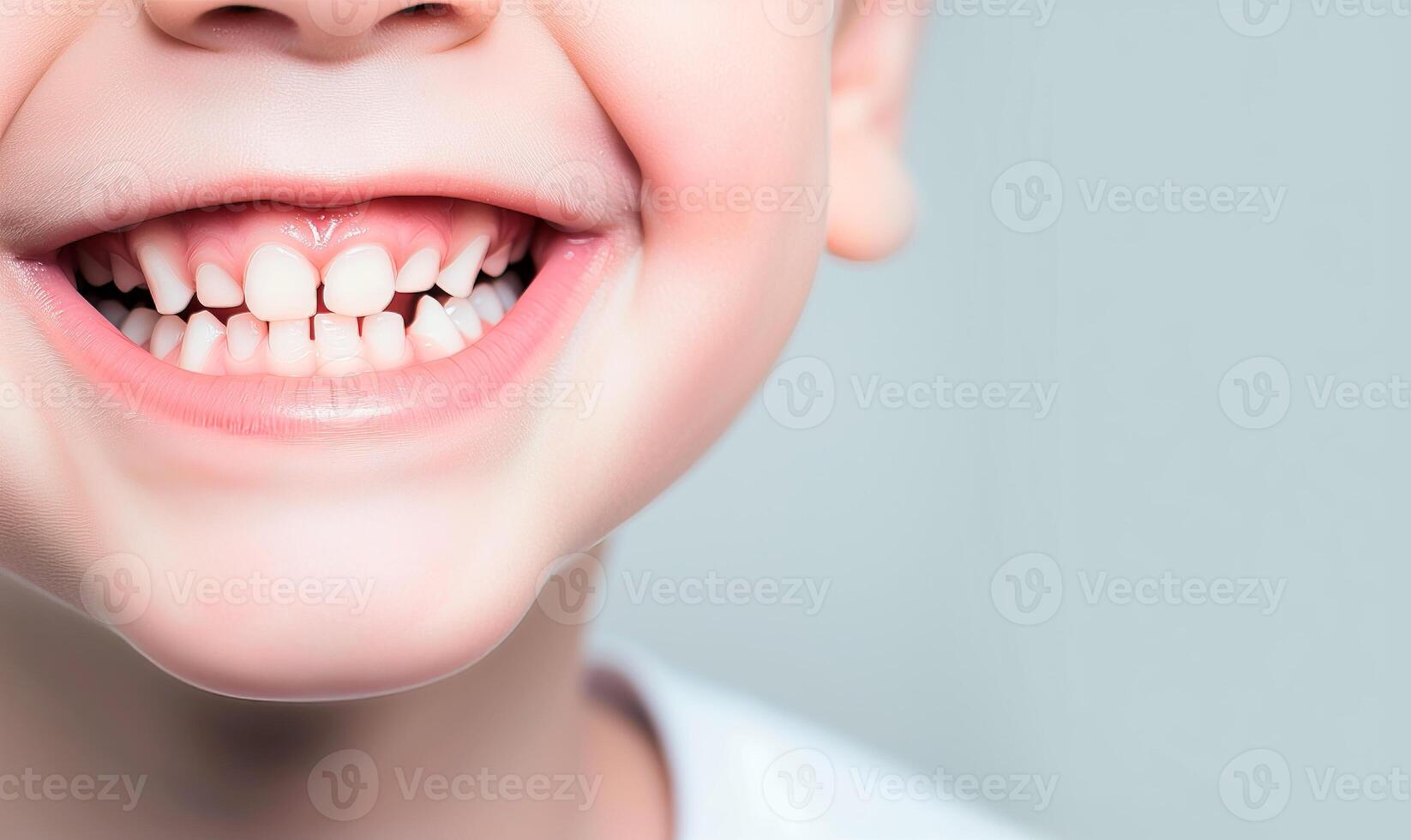 ai genererad stänga upp av skön liten pojke leende med vit tänder över plan bakgrund. rubrik bild med tömma Plats för text. foto
