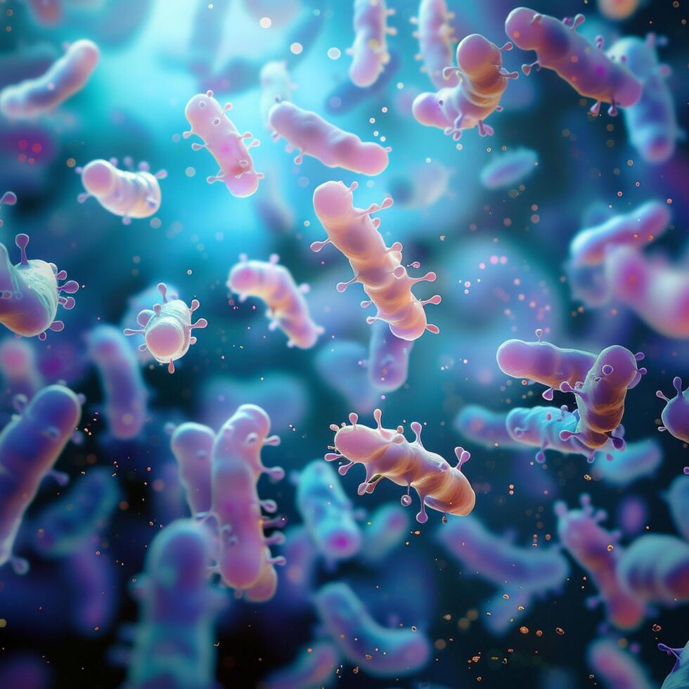 ai genererad probiotika biologisk vetenskap bakgrund visa upp mikroskopisk bakterie i detalj för social media posta storlek foto