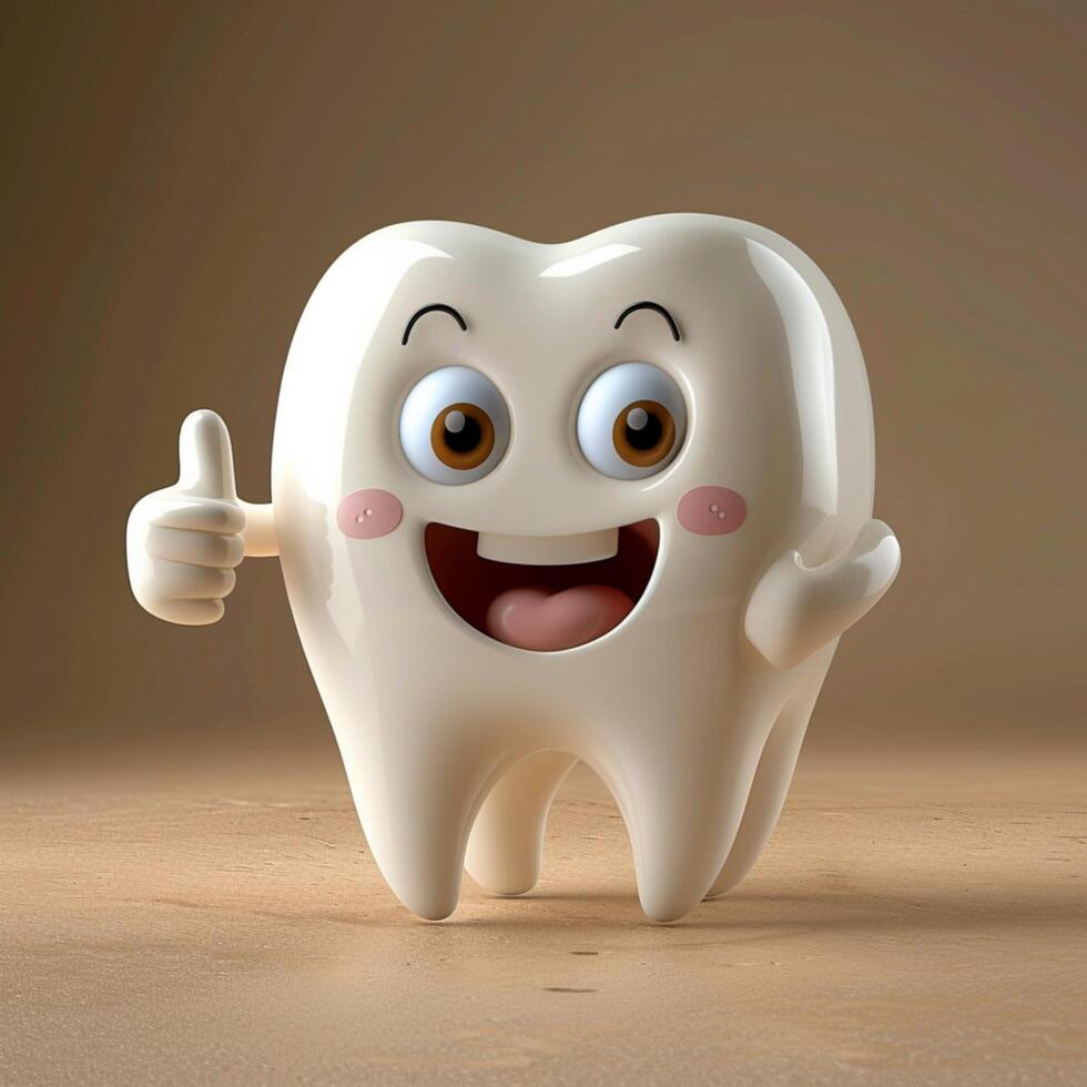 ai genererad tand karaktär ger tummen upp på brun bakgrund, 3d illustration för social media posta storlek foto