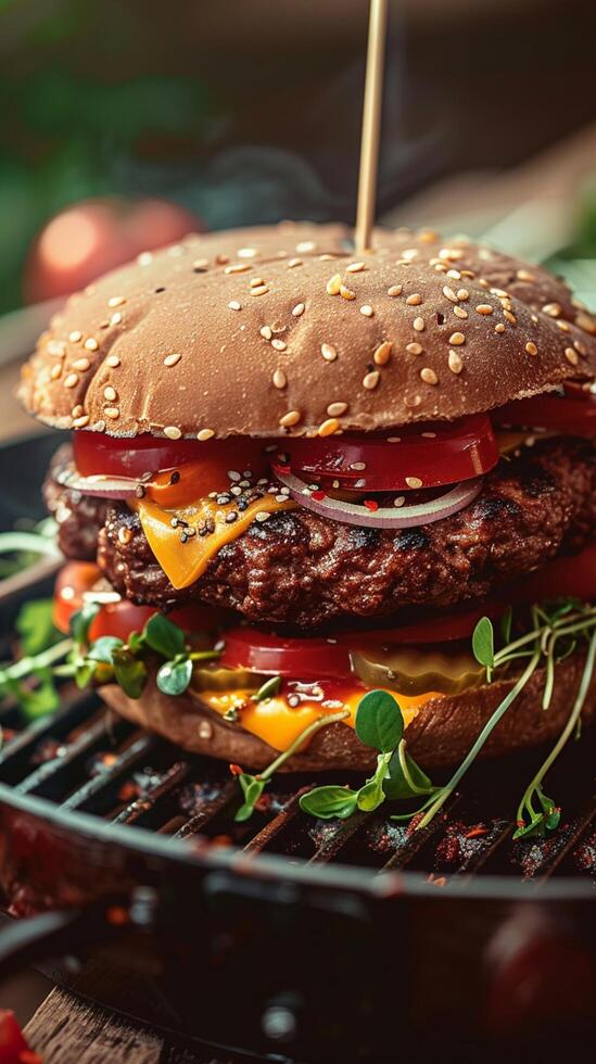 ai genererad utsökt veggie burger staplade hög med välsmakande växt baserad pålägg vertikal mobil tapet foto