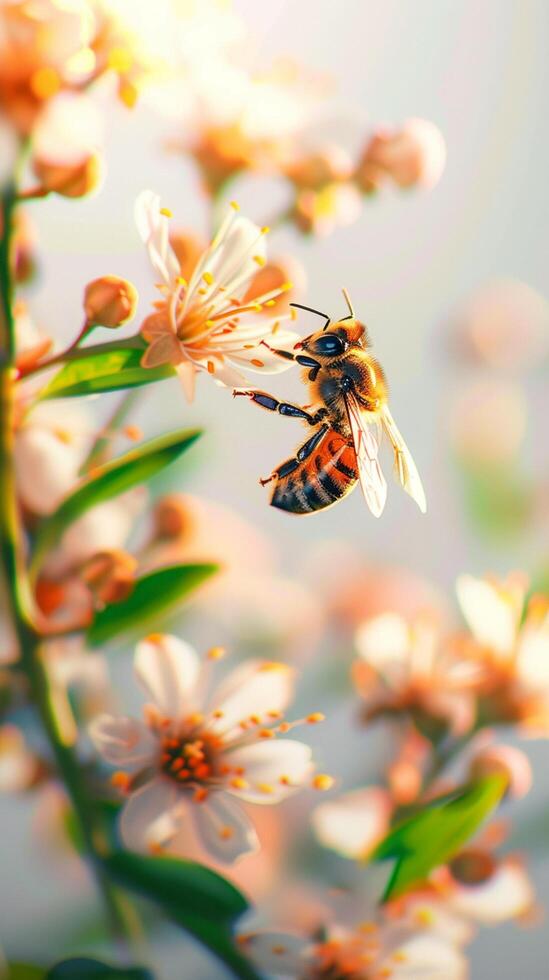 ai genererad naturer harmoni honung bi samlas nektar från vibrerande blomma blomma vertikal mobil tapet foto