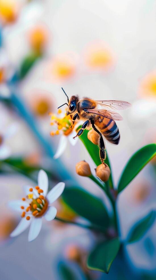 ai genererad naturer harmoni honung bi samlas nektar från vibrerande blomma blomma vertikal mobil tapet foto