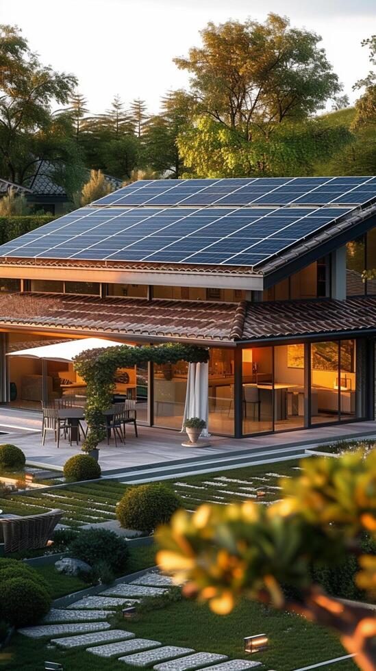 ai genererad energi effektiv Hem hus funktioner bituminös bricka tak, highlighting förnybar energi vertikal mobil tapet foto