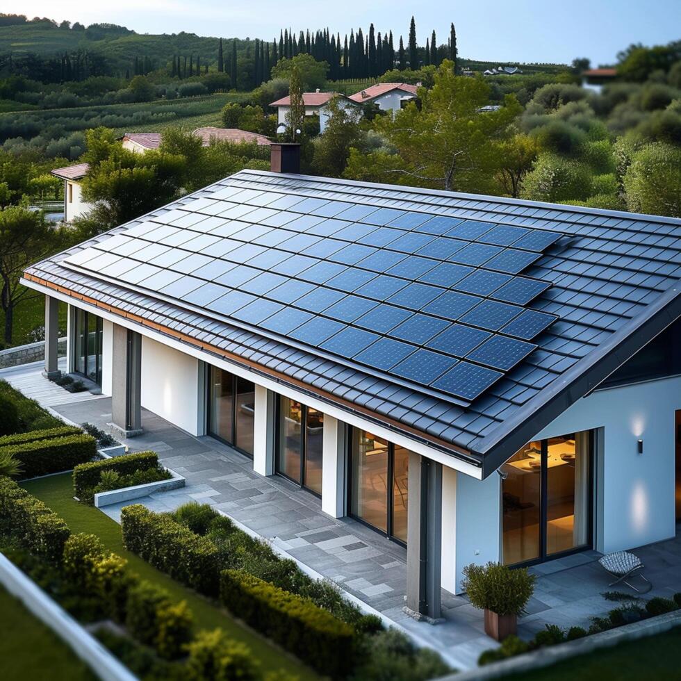 ai genererad förnybar takläggning hus toppade med bituminös bricka, främja hållbar energi för social media posta storlek foto