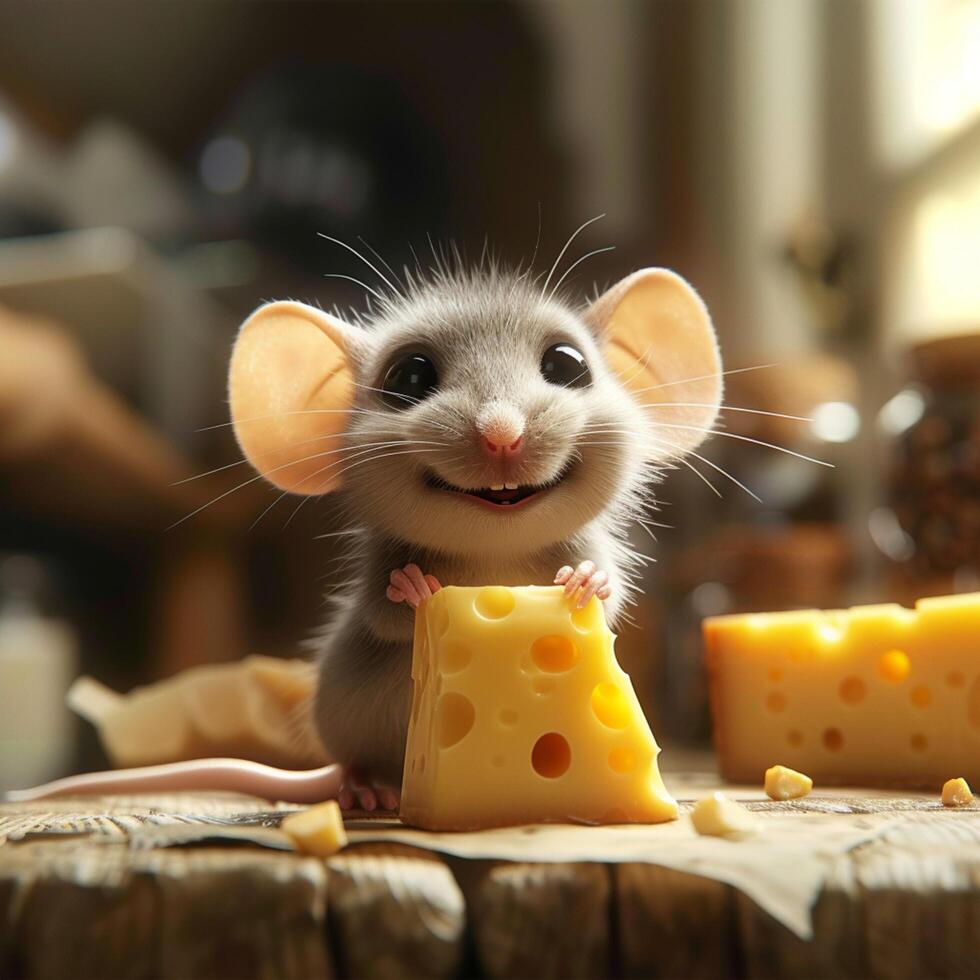 ai genererad söt animerad mus når för en bit av utsökt ost för social media posta storlek foto