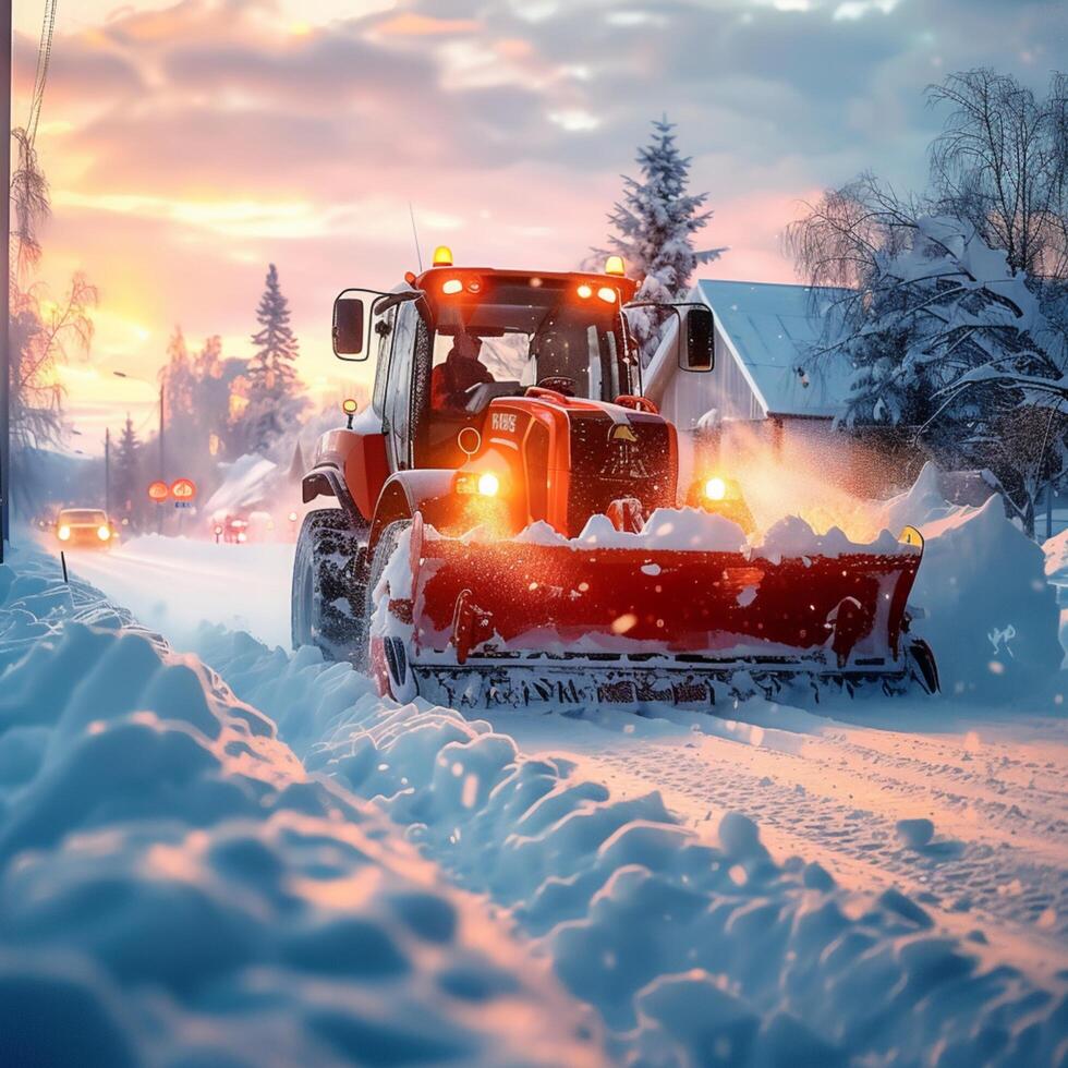 ai genererad snö avlägsnande Utrustning Arbetar till klar vinter- väg för pendlare för social media posta storlek foto