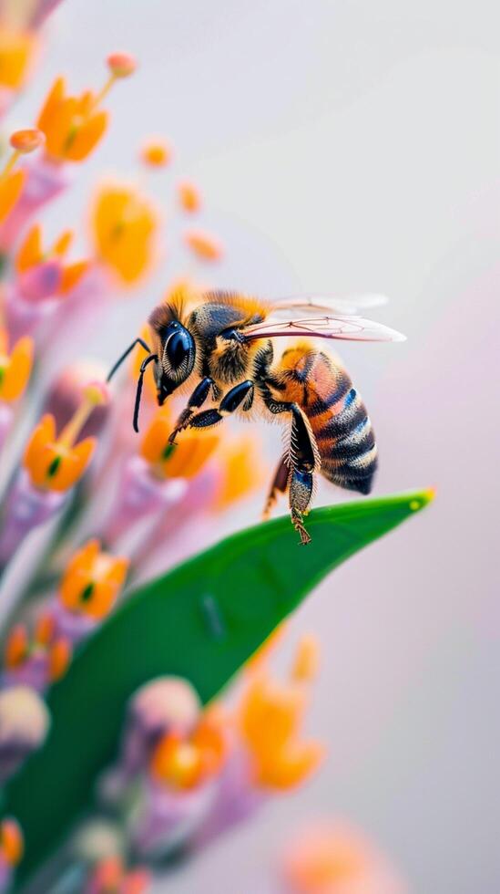ai genererad pollinering ögonblick honung bi går av delikat på färgrik blomma vertikal mobil tapet foto
