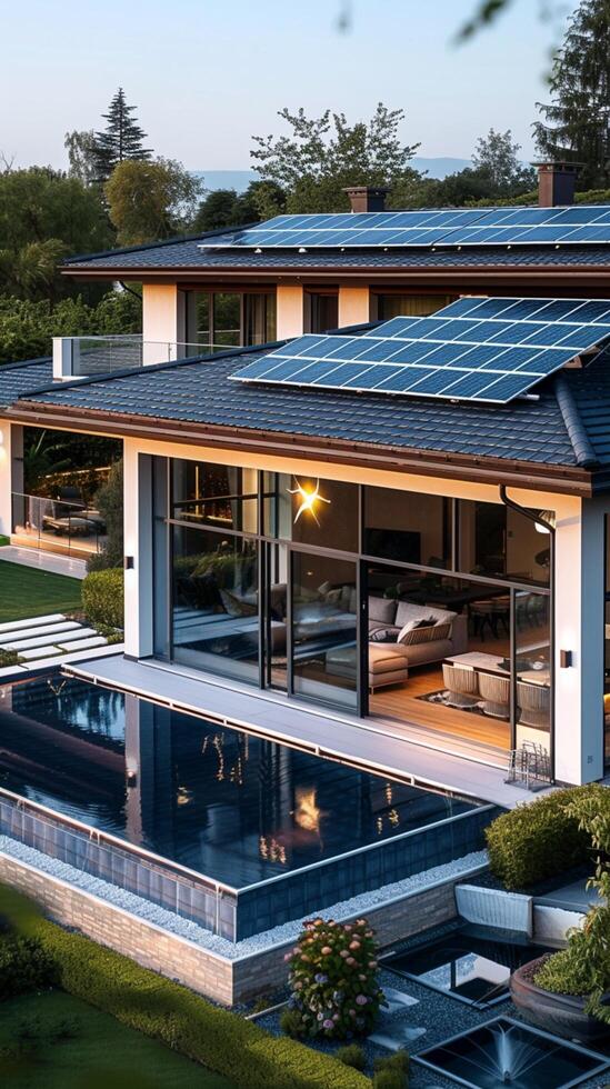 ai genererad förnybar takläggning hus toppade med bituminös bricka, främja hållbar energi vertikal mobil tapet foto