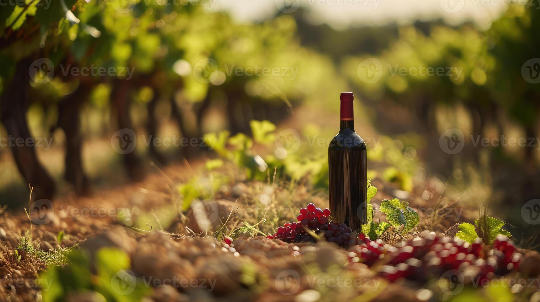 ai genererad generativ ai, röd vin flaska falsk upp med vin glas på vingård landskap i de solsken, kopia Plats och plats för logotyp foto