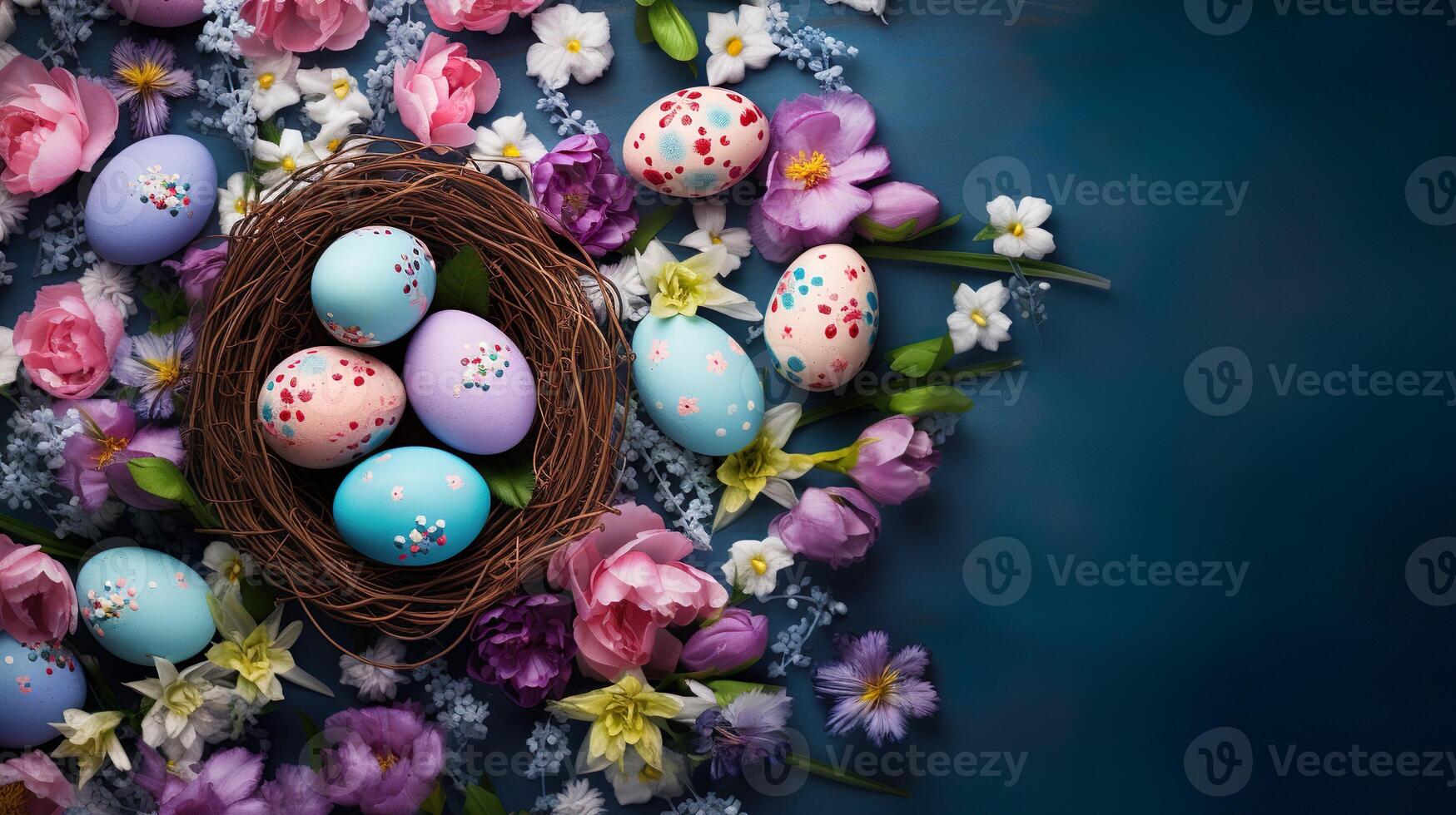 ai genererad platt lägga med ljus Färg blommig påsk ägg och blommor i en korg. blå bakgrund med kopia Plats för hälsning kort, annonser, presentation. foto