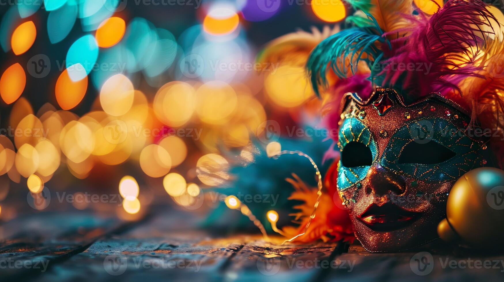 ai genererad karneval maskerad parad mask på suddig mörk blå bakgrund med bokeh lampor och girlanger. kopia Plats. för venetian kostym festival firande, inbjudan, befordran. foto