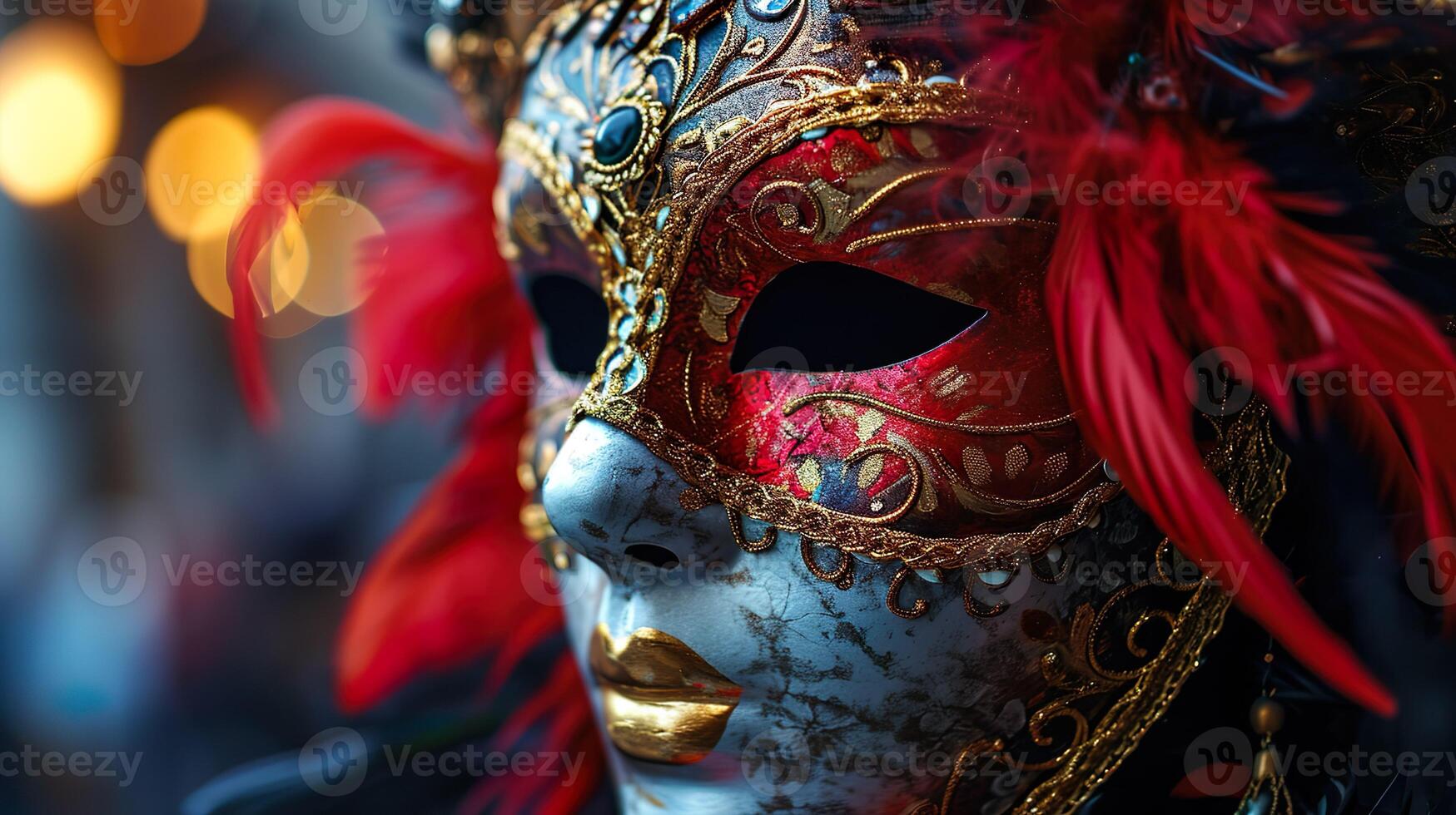 ai genererad färgrik karneval maskerad parad mask på suddig bokeh lampor bakgrund med kopia Plats. för venetian kostym festival firande, inbjudan, befordran. foto