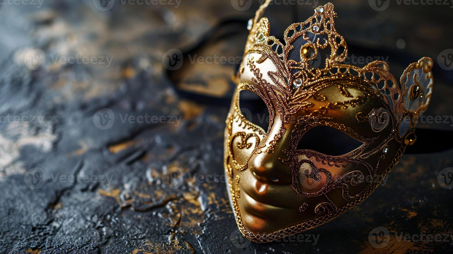 ai genererad skön gyllene karneval maskerad parad mask på suddig mörk blå bakgrund med bokeh lampor. kopia Plats. för venetian kostym festival firande, inbjudan, befordran. foto