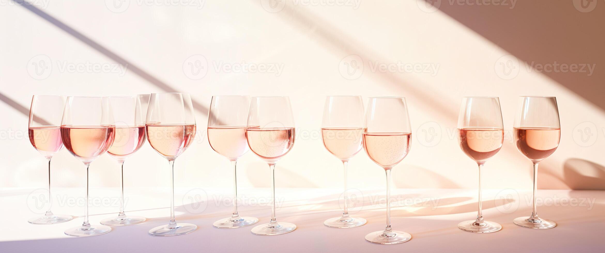 ai genererad grupp av glasögon med vit vin på en persika rosa tabell. minimalistisk trendig bakgrund med kopia Plats. solljus och skuggor. foto