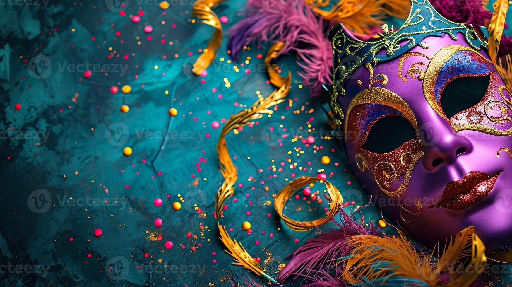 ai genererad karneval maskerad parad mask på en suddig mörk blå bakgrund med färgad band och konfetti. kopia Plats. för venetian kostym festival firande, inbjudan, befordran. foto