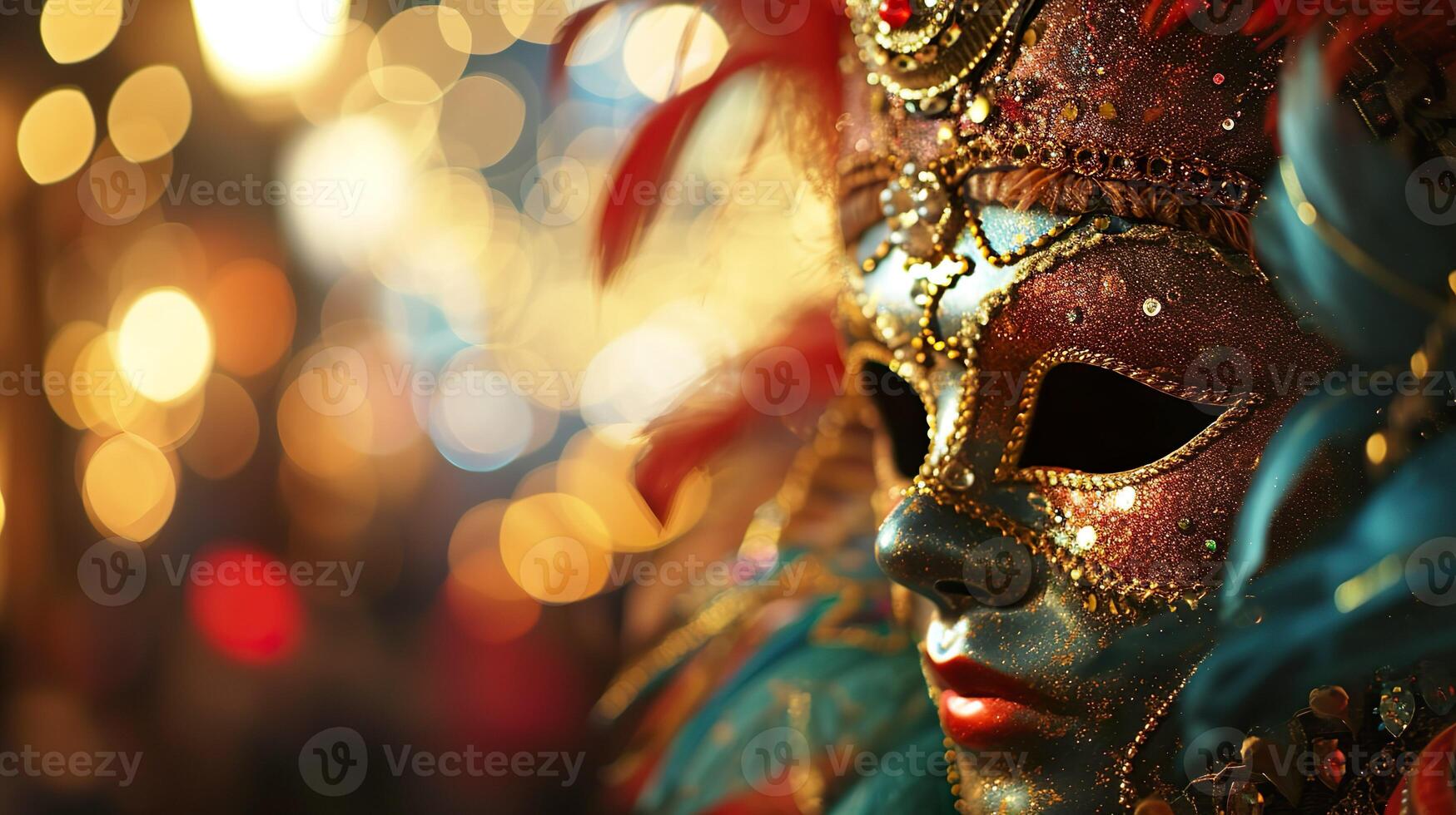 ai genererad färgrik karneval maskerad parad mask på suddig mörk blå bakgrund med bokeh lampor. kopia Plats. för venetian kostym festival firande, inbjudan, befordran. foto