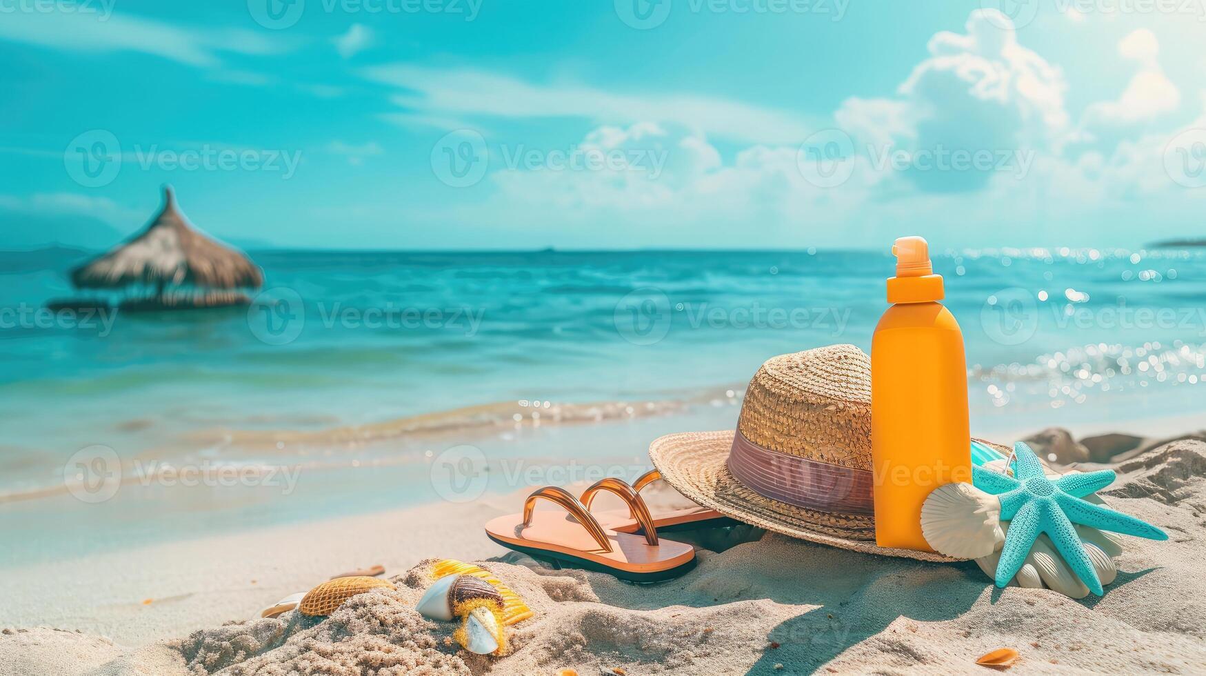 ai genererad sommar bedömare. hyvling till resa med solkräm och sandal på de skön strand och blå himmel bakgrund. tropisk mode. sommar mode på Semester begrepp. foto