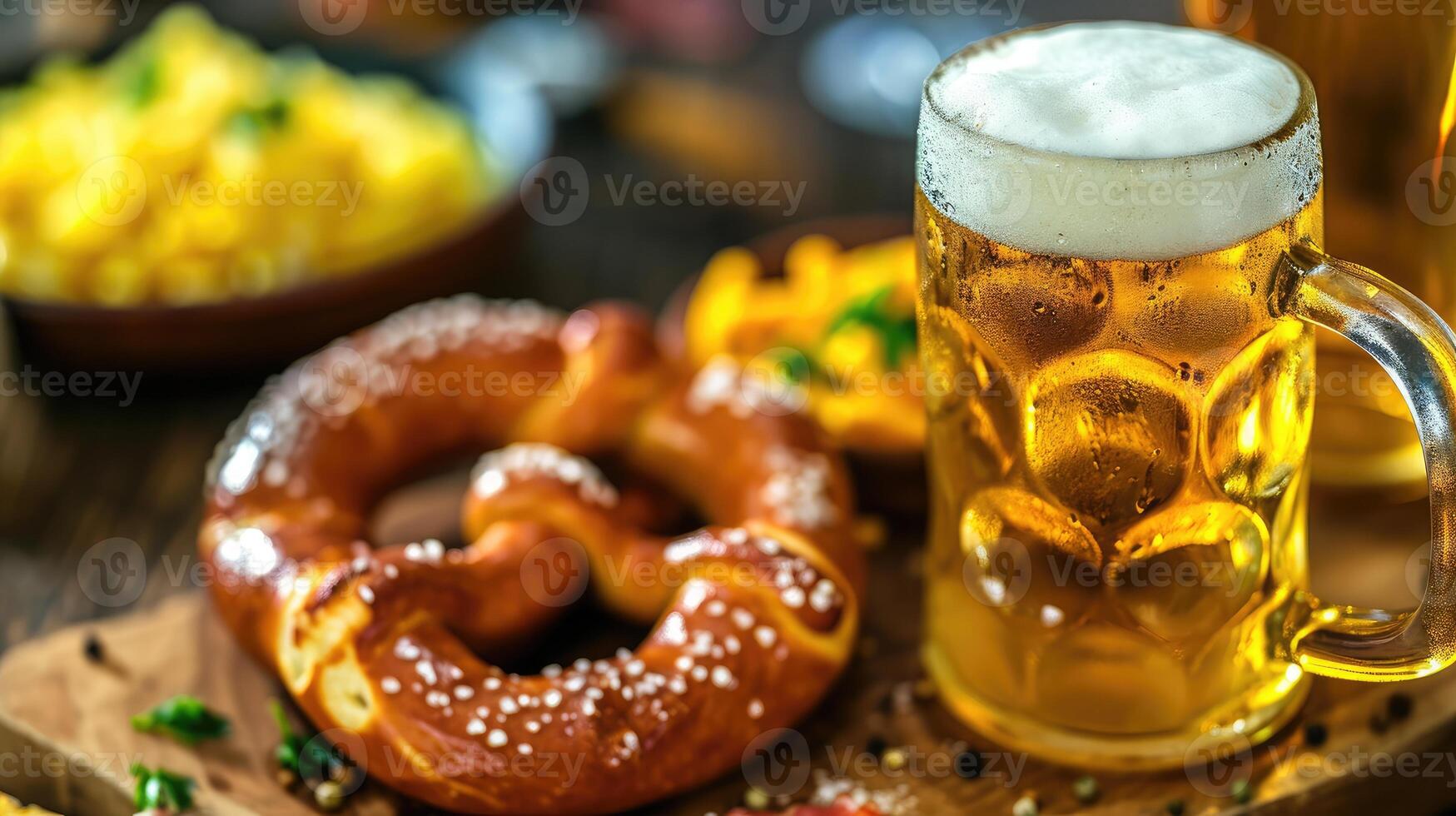 ai genererad mjuk pretzel och bavarian vit korv weisswurst tillverkad från mald kalvkött och fläsk tillbaka bacon, råna med öl, crauti eller surkål, senap. tysk oktober fest lunch foto