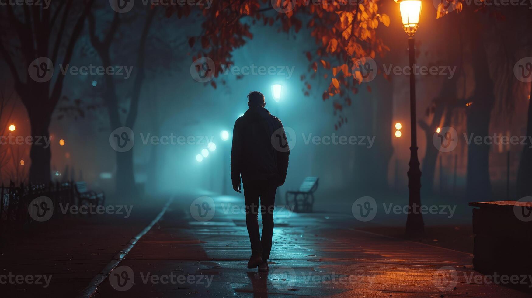 ai genererad ledsen man ensam gående längs de gränd i natt dimmig parkera tillbaka se foto