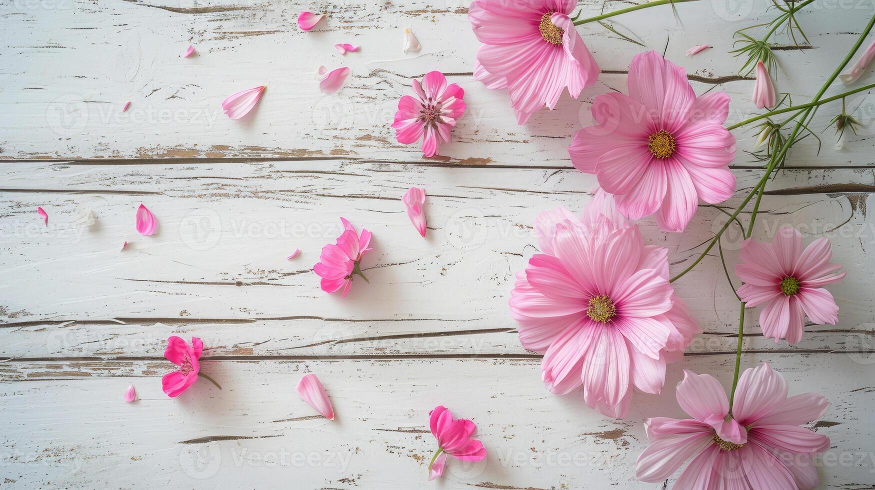 ai genererad blommor sammansättning för alla hjärtans dag, mors eller kvinnors dag. rosa blommor på gammal vit trä- bakgrund. fortfarande liv. foto