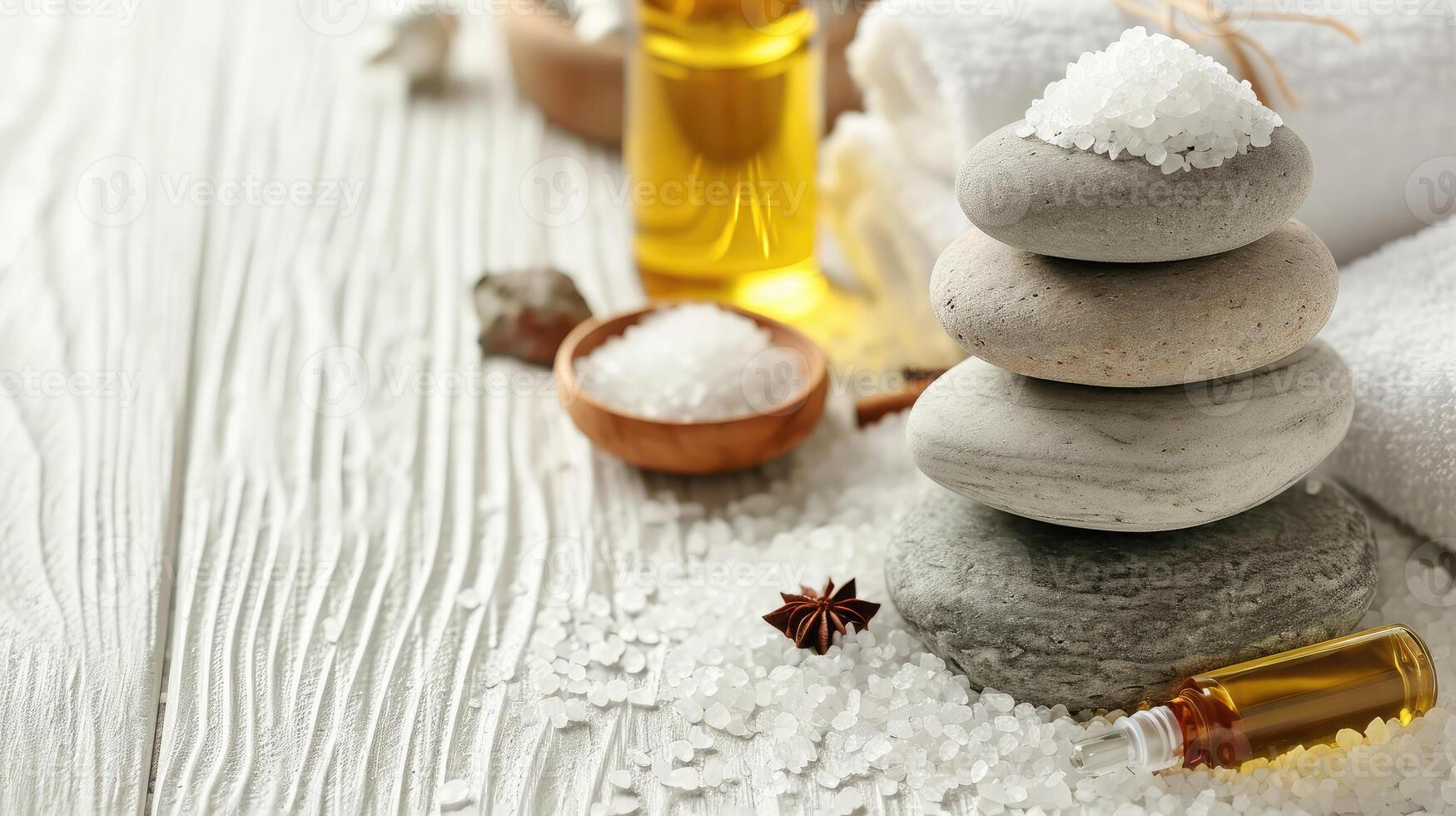 ai genererad skönhet behandling objekt för spa förfaranden på vit trä- tabell. massage stenar, grundläggande oljor och hav salt. kopia Plats foto