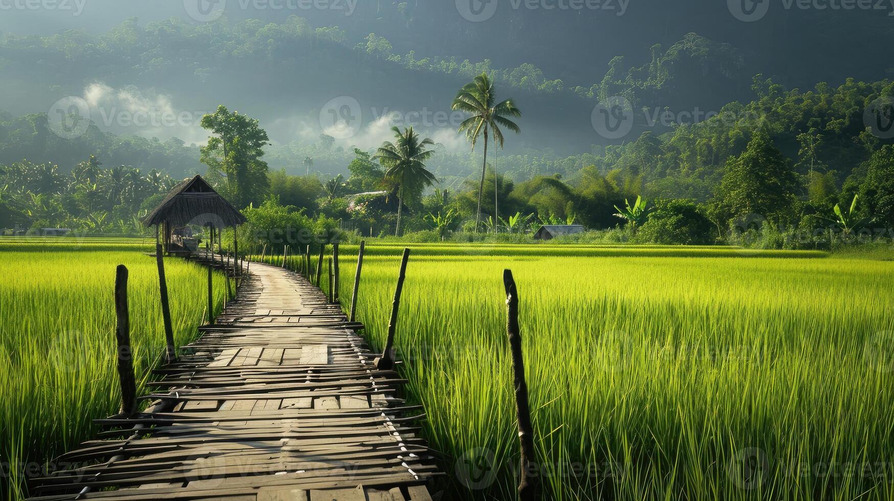 ai genererad landskap med ris fält och trä- broar gör du känna färsk och ljus. foto