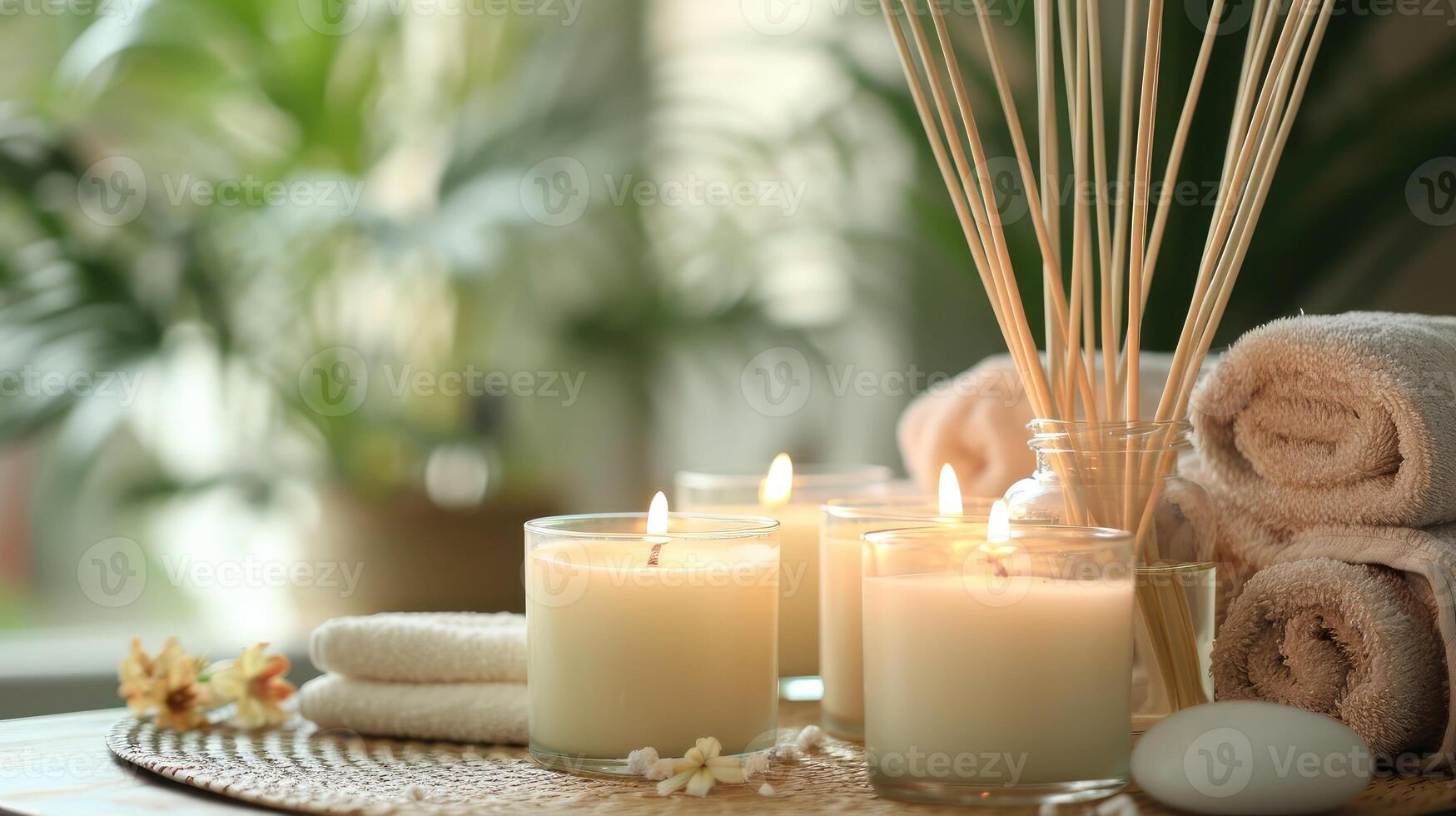 ai genererad brinnande ljus och aromatisk vass fräschare på tabell i spa salong, Plats för text foto