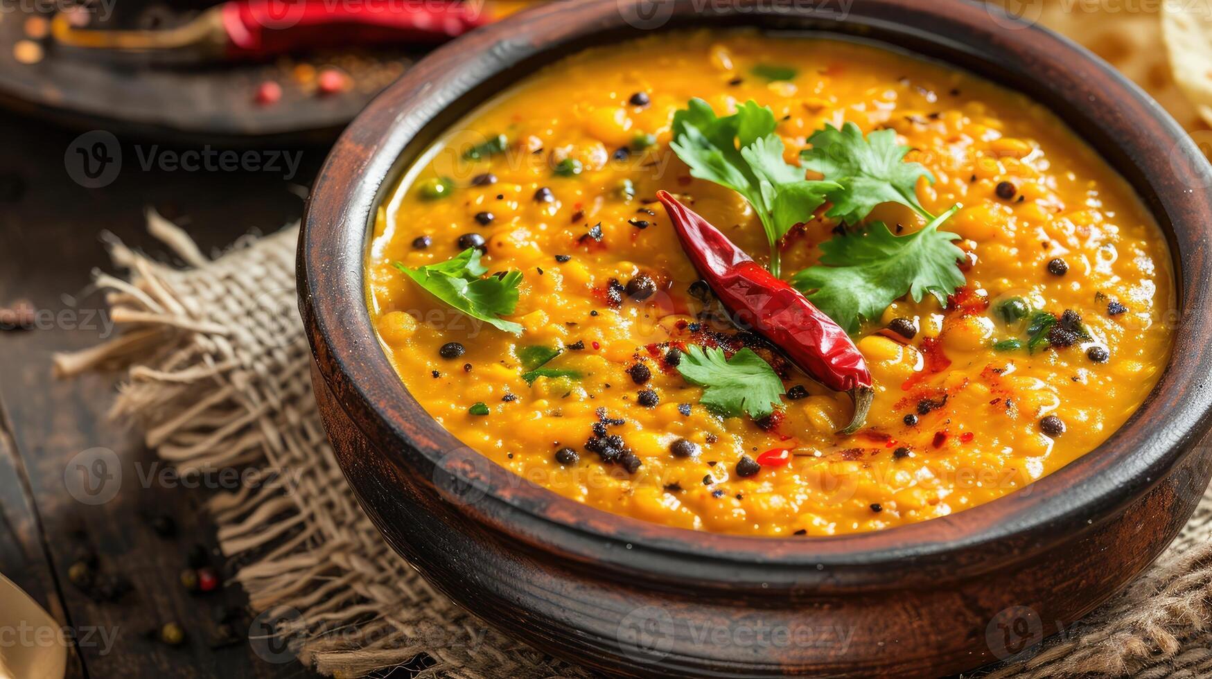 ai genererad dal tadka är en populär indisk maträtt var kokta kryddat linser är färdiga med en härdning tillverkad av ghee eller olja och kryddor foto
