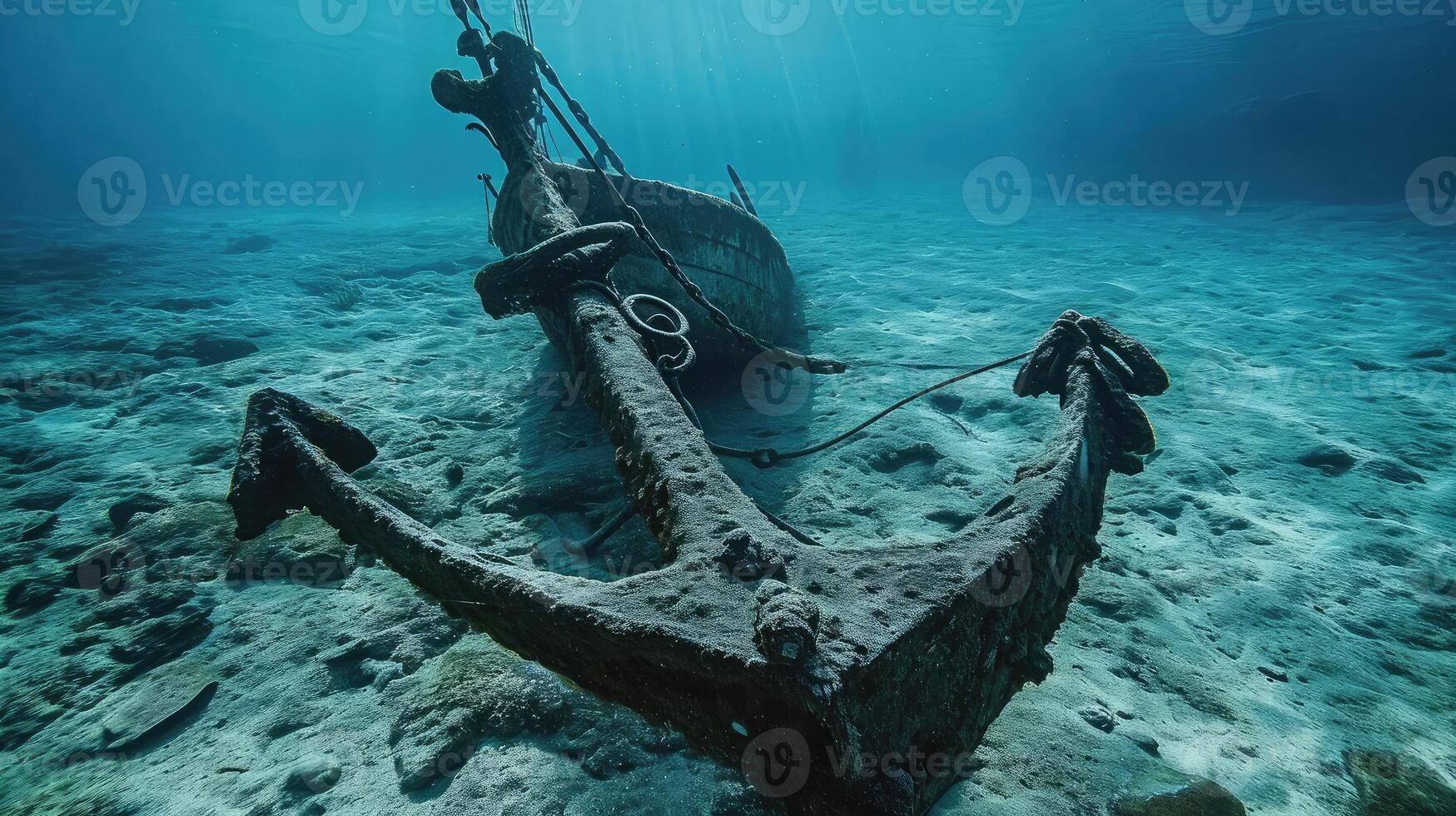 ai genererad ankare av gammal fartyg under vattnet på de botten av de hav foto