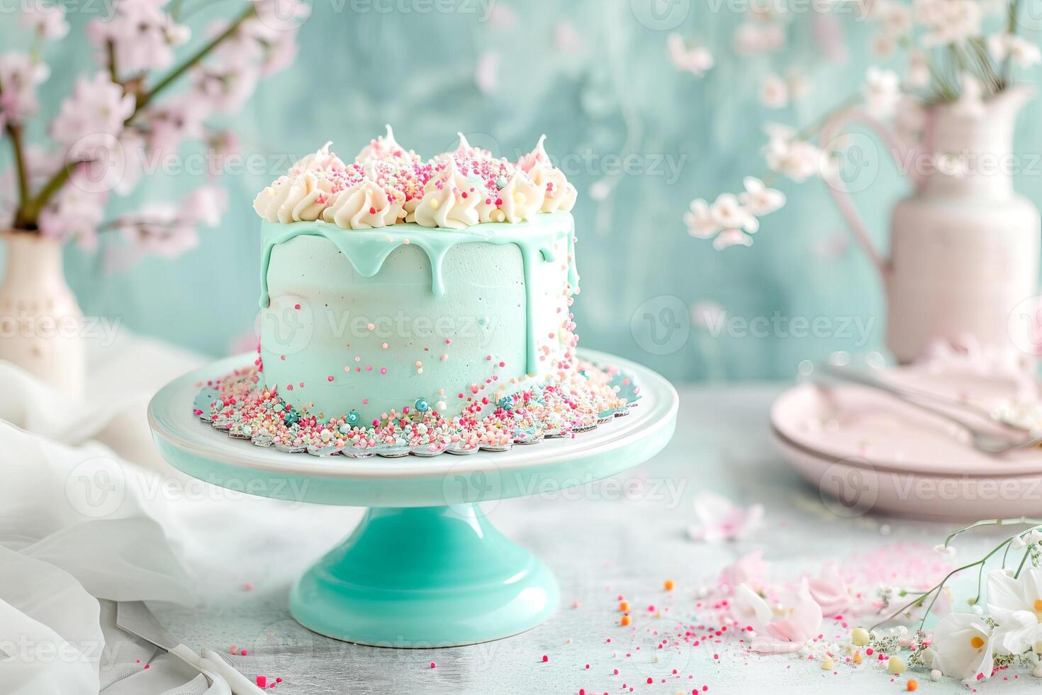 ai genererad skön kaka med kaka strössel i blå och rosa färger. ai genererad foto