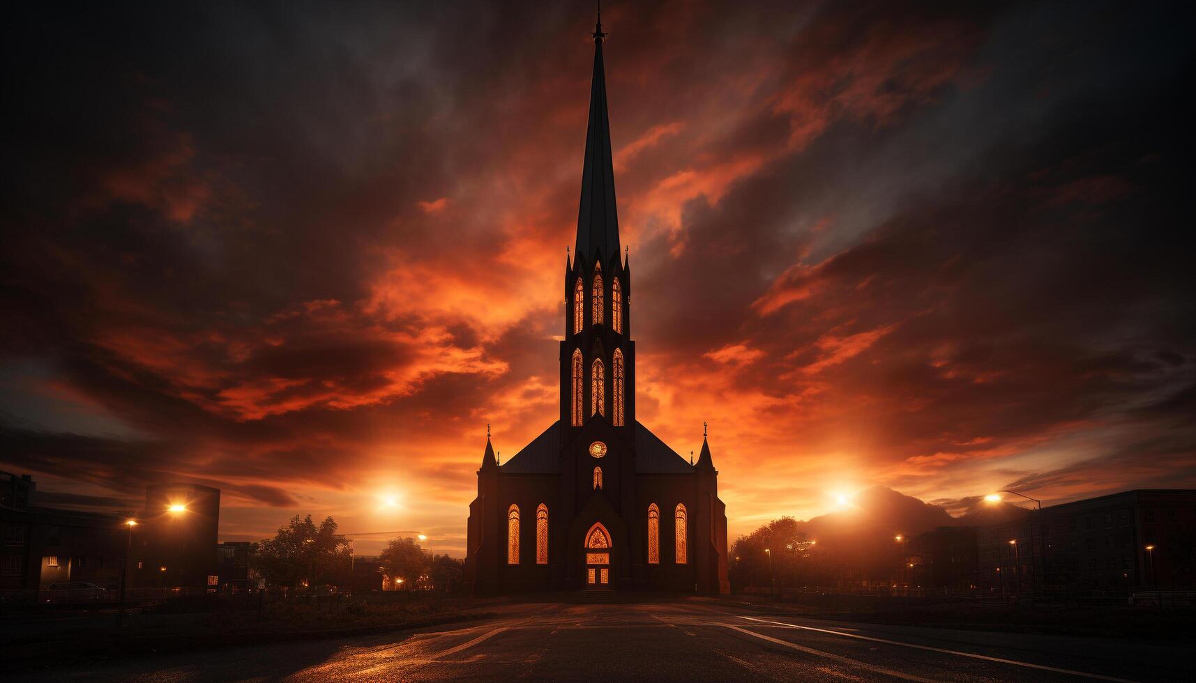 ai genererad gotik kapell silhuett, upplyst förbi dramatisk solnedgång himmel genererad förbi ai foto