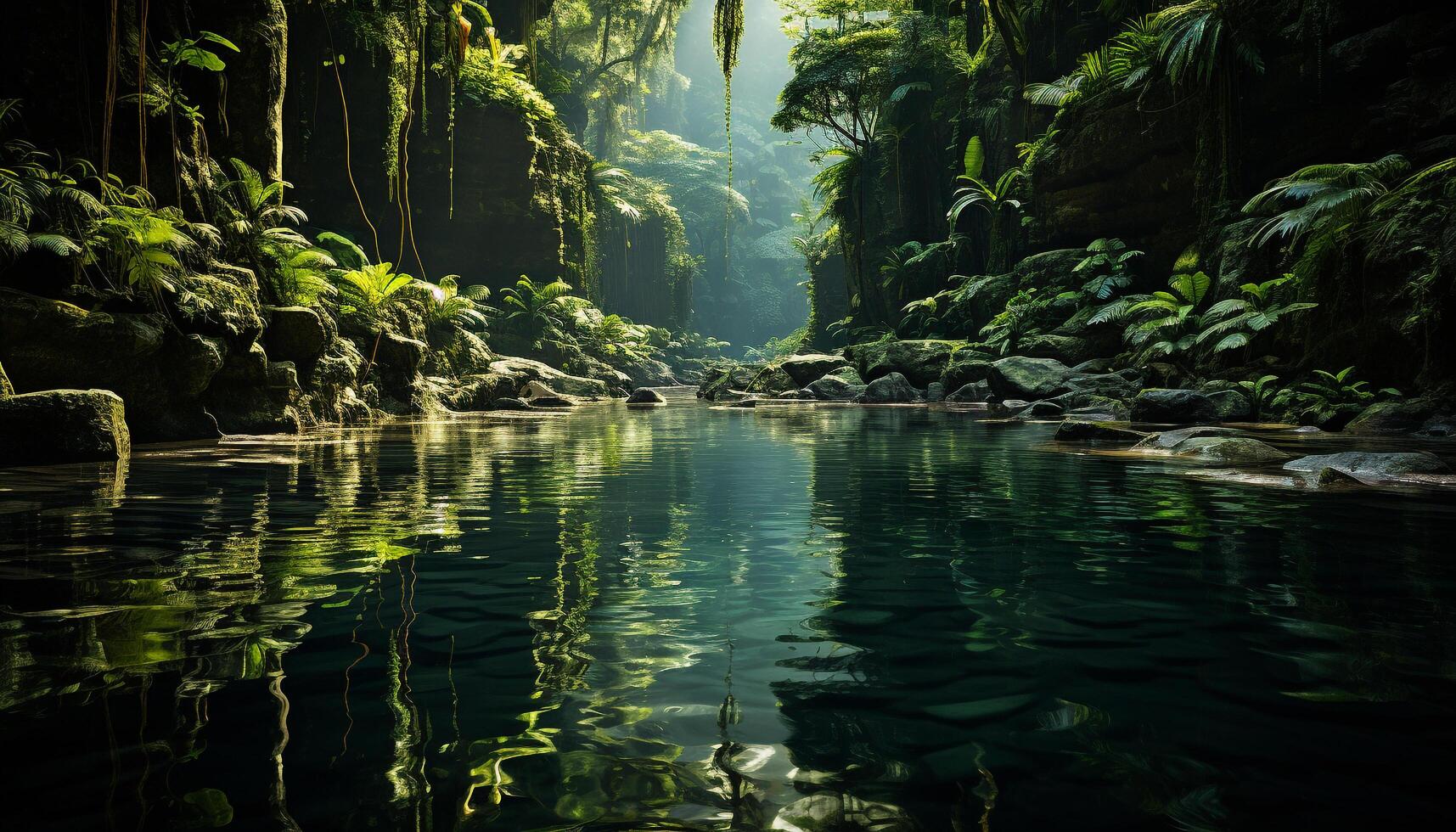 ai genererad lugn scen av en tropisk regnskog reflexion genererad förbi ai foto
