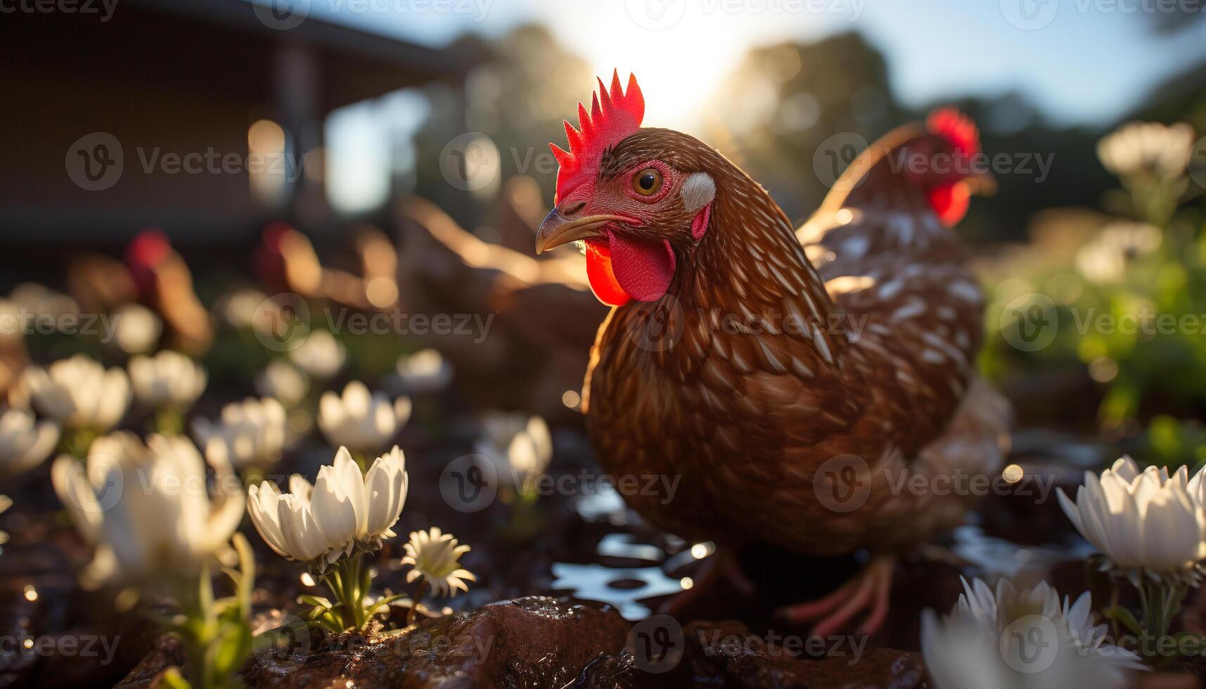 ai genererad söt kyckling i grön äng åtnjuter färsk utomhus genererad förbi ai foto