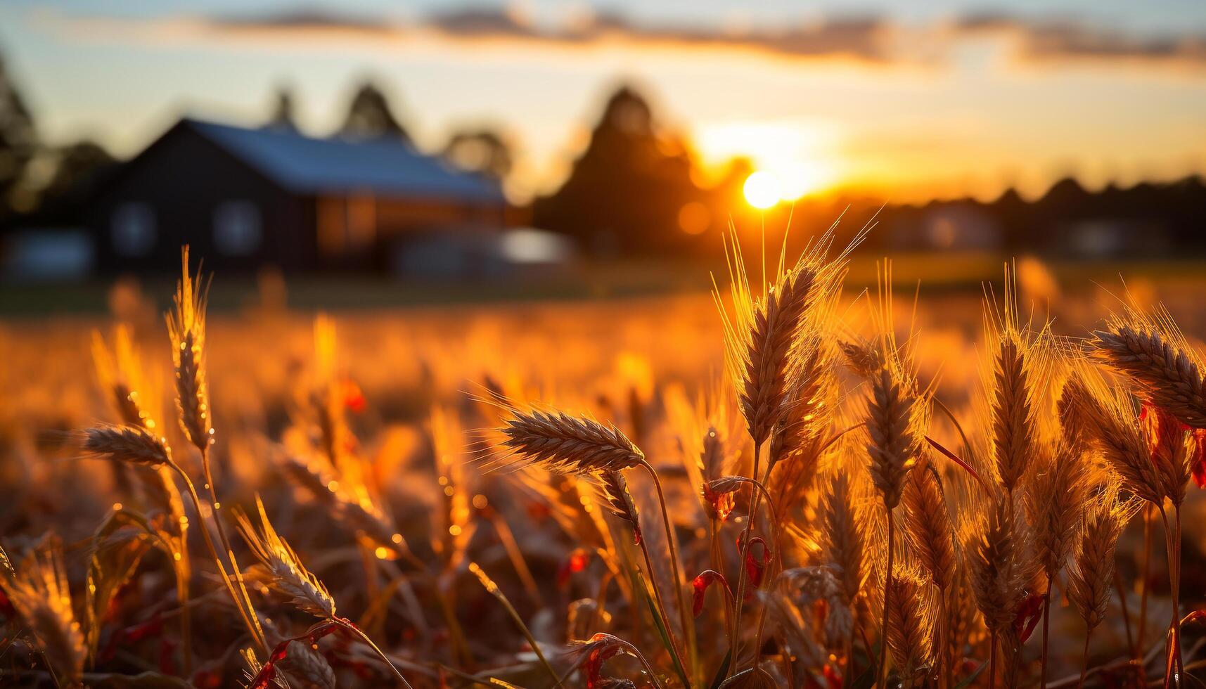 ai genererad solnedgång över lantlig odla, natur skönhet i äng genererad förbi ai foto