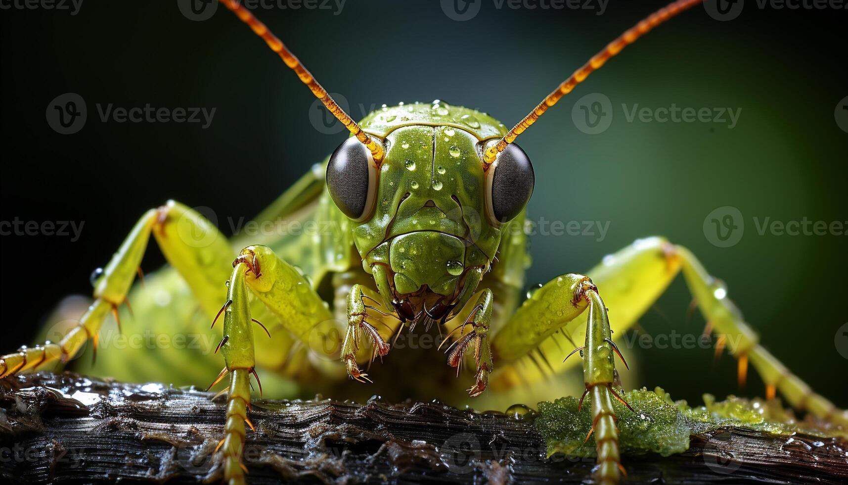 ai genererad stänga upp av en grön gräshoppa på en blad genererad förbi ai foto