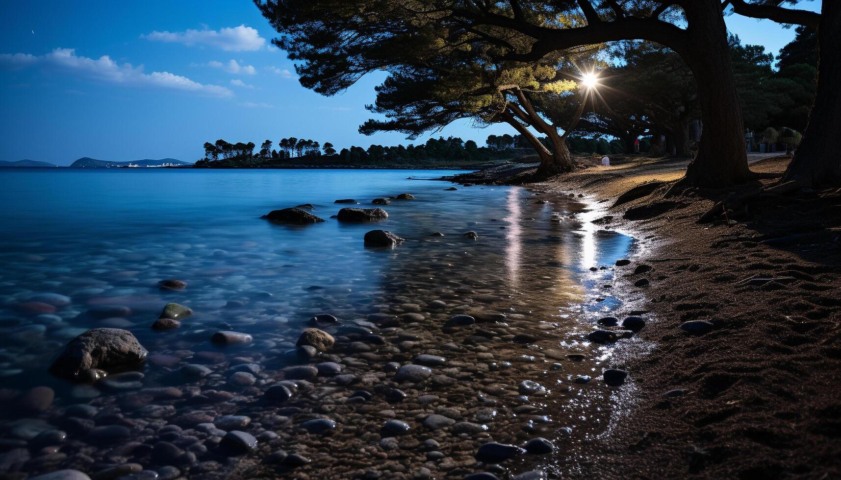 ai genererad lugn solnedgång över blå vattnen, reflekterande natur skönhet genererad förbi ai foto