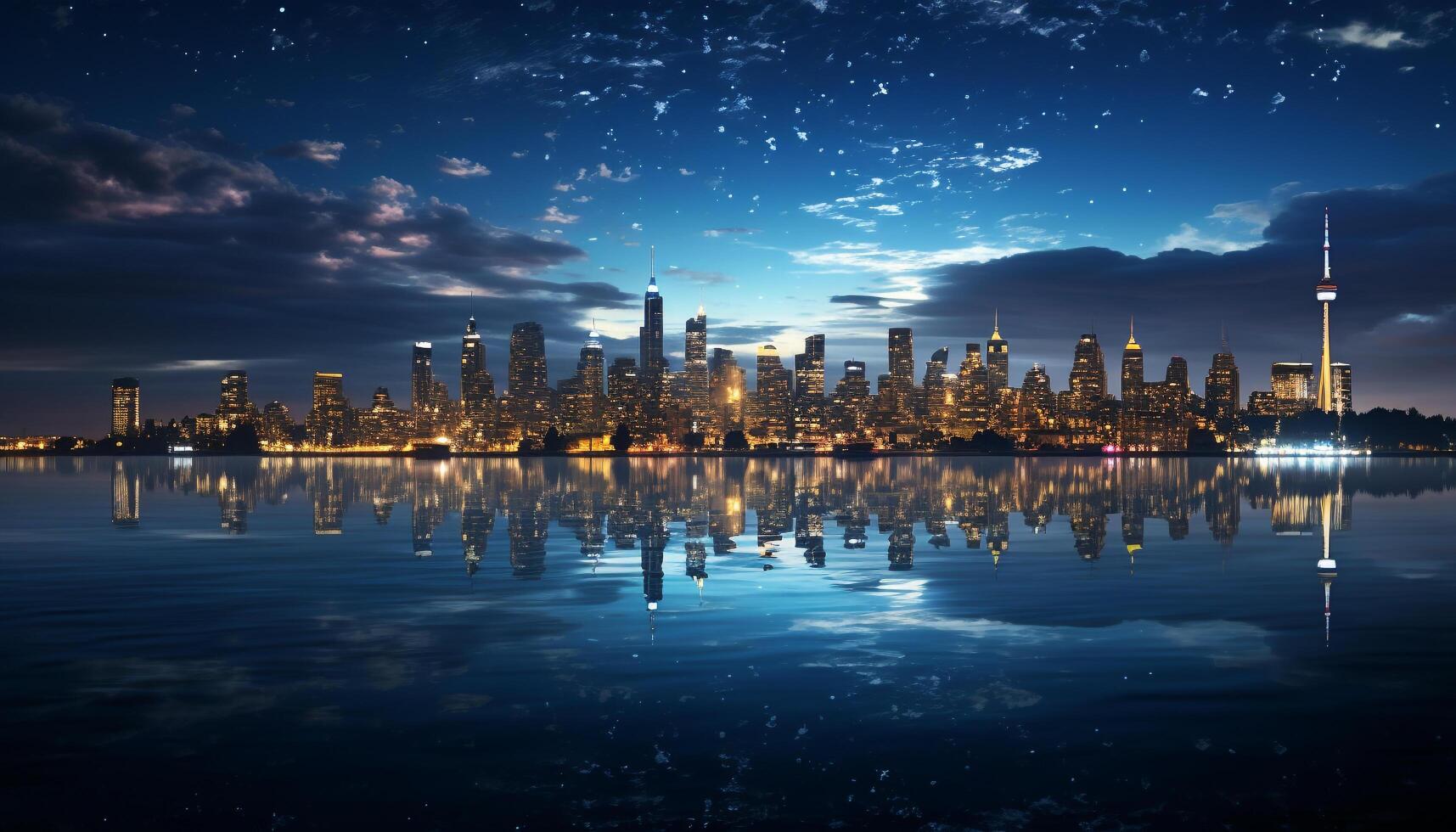 ai genererad stadsbild på skymning, skyskrapor reflekterande i vatten genererad förbi ai foto