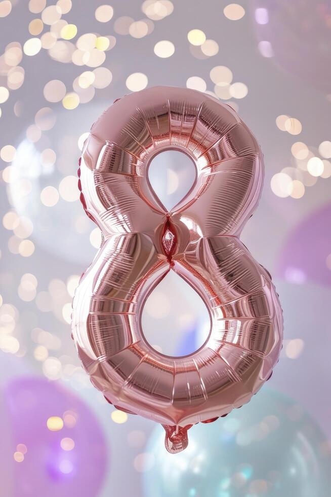 ai genererad siffra 8 formad ballong mot en pastell bokeh bakgrund, en festlig firande för internationell kvinnors dag. foto